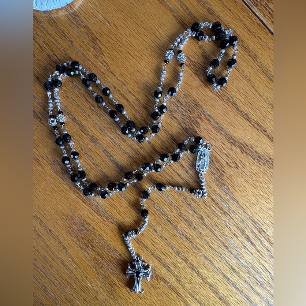 Chic Black and Silver Cross Handcrafted Beaded Rosary